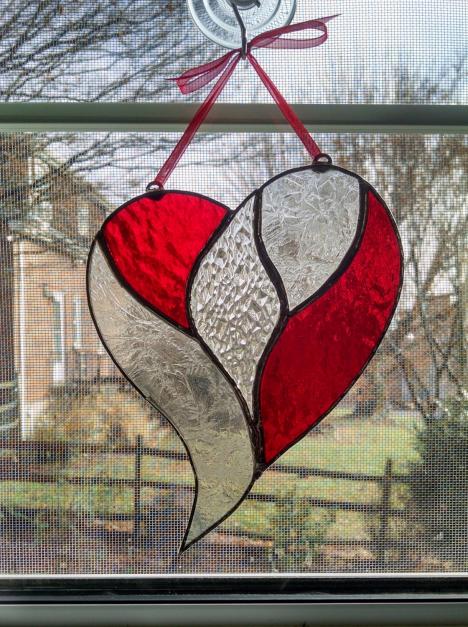 Clear and Colored Stained Glass Heart Sun Catcher with Hanging Ribbon