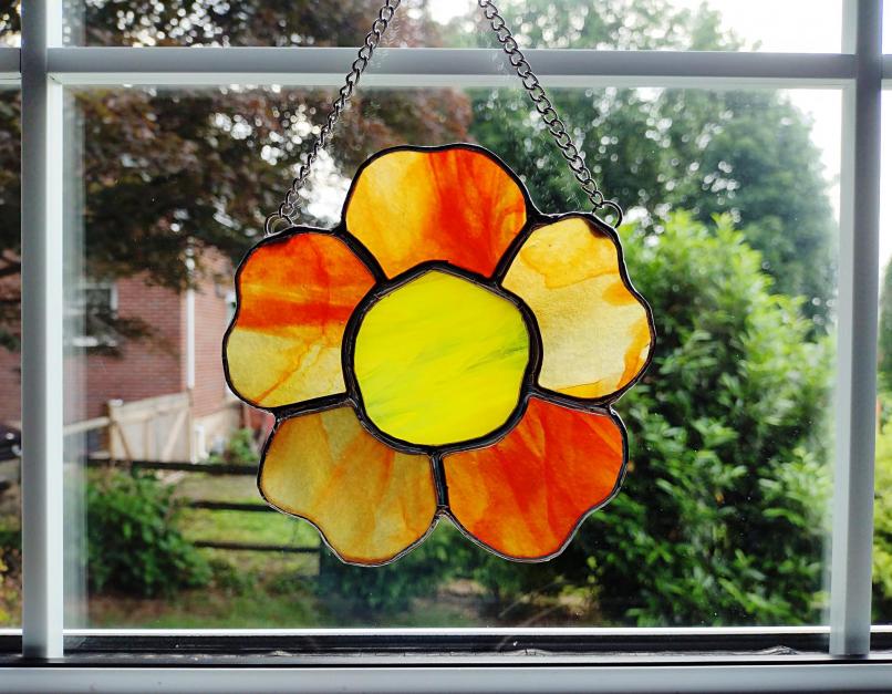 Stained Glass Flower Suncatcher Pink sale and Orange