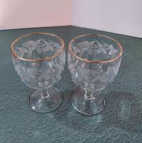 Vintage Bartlett-Collins Gold Rimmed Water Goblets Pattern 806, Thumbprint Raised Grapevine Frosted Water Glass, Set of Two