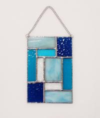 Aqua and Turquoise Blue Geometric Stained Glass Window Panel, Mondrian Stained Glass Suncatcher