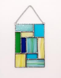 Blue, Green, and Yellow Geometric Stained Glass Panel Suncatcher, Mondrian Stained Glass Art