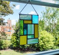 Blue, Green, and Yellow Geometric Stained Glass Panel Suncatcher, Mondrian Stained Glass Art