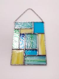 Blue, Green, and Yellow Geometric Stained Glass Panel Suncatcher, Mondrian Stained Glass Art