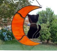 Stained Glass Orange Crescent Moon and Black Cat Suncatcher, Halloween Window Decoration