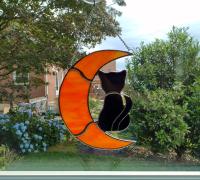 Stained Glass Orange Crescent Moon and Black Cat Suncatcher, Halloween Window Decoration