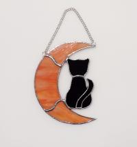 Stained Glass Orange Crescent Moon and Black Cat Suncatcher, Halloween Window Decoration