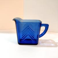 Vintage Hazel Atlas Blue Chevron Pressed Glass Creamer, Vintage Art Deco Milk Pitcher