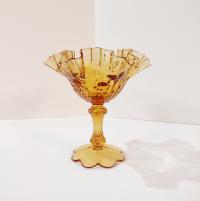 Vintage Fenton Amber Cabbage Rose Ruffled Glass Compote