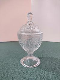 Vintage Anchor Hocking Lidded Jar, Clear Glass Stippled Grape Leaf Cluster Pattern Candy Jar, Footed Pedestal Condiment Bowl