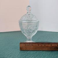 Vintage Anchor Hocking Lidded Jar, Clear Glass Stippled Grape Leaf Cluster Pattern Candy Jar, Footed Pedestal Condiment Bowl