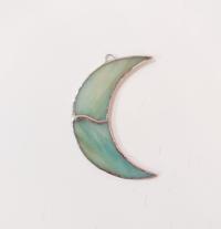 Stained Glass Crescent Moon Suncatcher, Pale Yellow and Blue Opalescent Art Glass