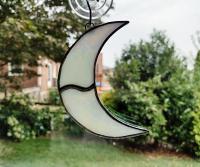 Stained Glass Crescent Moon Suncatcher, Rainbow Iridescent White Art Glass