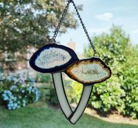 Mushrooms Agate Geode and Stained Glass Suncatcher, Blue and Brown Mushroom Cluster