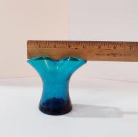 Vintage Blenko Blue Crackle Glass Pinched Vase, Teal Aqua Blue Small Glass Vase