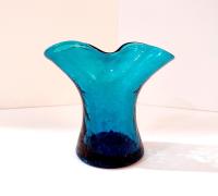 Vintage Blenko Blue Crackle Glass Pinched Vase, Teal Aqua Blue Small Glass Vase