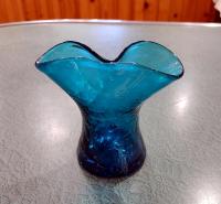 Vintage Blenko Blue Crackle Glass Pinched Vase, Teal Aqua Blue Small Glass Vase