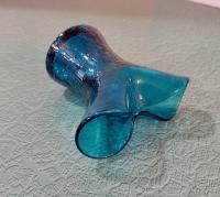 Vintage Blenko Blue Crackle Glass Pinched Vase, Teal Aqua Blue Small Glass Vase