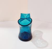 Vintage Blenko Blue Crackle Glass Pinched Vase, Teal Aqua Blue Small Glass Vase