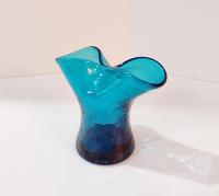 Vintage Blenko Blue Crackle Glass Pinched Vase, Teal Aqua Blue Small Glass Vase