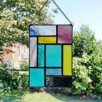 Purple, Pink, Blue, and Yellow Geometric Stained Glass Panel Suncatcher, Mondrian Stained Glass Art