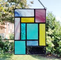 Purple, Pink, Blue, and Yellow Geometric Stained Glass Panel Suncatcher, Mondrian Stained Glass Art