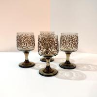 Vintage Libbey Prado Tawny Brown Scroll Wine Glasses, Set of Four