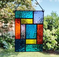 Rainbow Geometric Stained Glass Panel Suncatcher, Mondrian Stained Glass Art