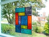 Rainbow Geometric Stained Glass Panel Suncatcher, Mondrian Stained Glass Art