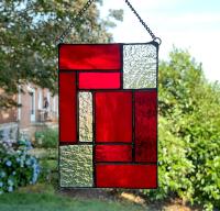 Red Geometric Stained Glass Panel Suncatcher, Mondrian Stained Glass Art