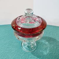 Vintage Tiffin Ruby Red King's Crown Thumbprint Compote with Lid, Ruby Red Flash Glass Candy Dish Bowl