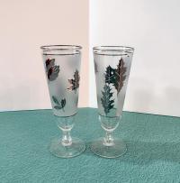 Vintage Libbey Frosted Silver Leaf Pilsner Beer Fluted Glasses, Set of Two