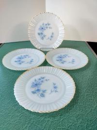 Vintage Termocrisa Blue Dot Floral Dinner Plates, Set of 4, Opaline Milk Glass Dinner Plates with Floral Design and Peach Luster Rims