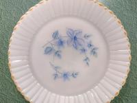 Vintage Termocrisa Blue Dot Floral Dinner Plates, Set of 4, Opaline Milk Glass Dinner Plates with Floral Design and Peach Luster Rims