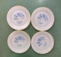 Vintage Termocrisa Blue Dot Floral Dinner Plates, Set of 4, Opaline Milk Glass Dinner Plates with Floral Design and Peach Luster Rims