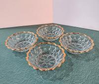 Vintage Jeanette Glass Gold Trimmed Thumbprint Dessert Fruit Salad Bowls, Set of Four