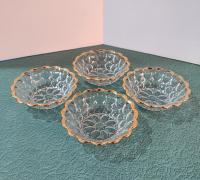 Vintage Jeanette Glass Gold Trimmed Thumbprint Dessert Fruit Salad Bowls, Set of Four