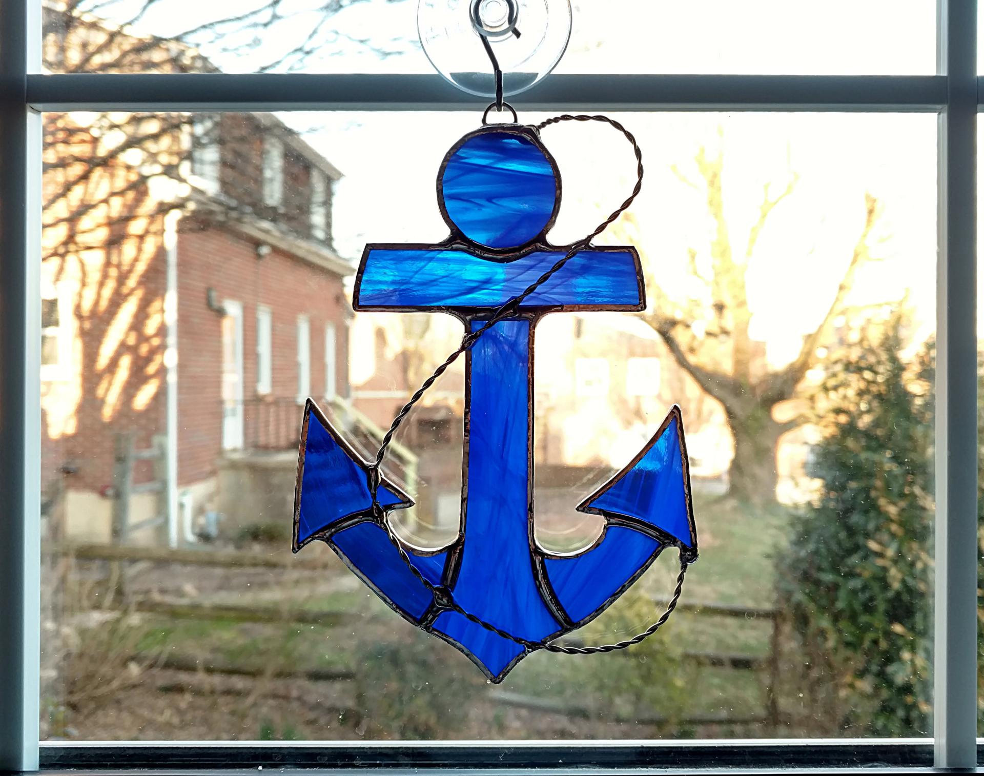 Stained shops glass blue anchor, nautical decoration，-pxa