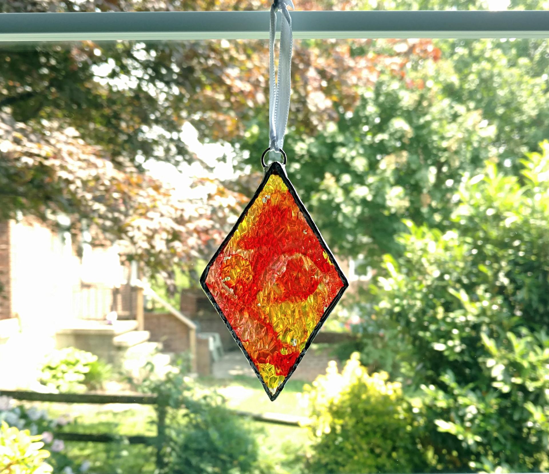 Alcohol Ink Diamond Suncatcher, Orange and Gold, Stained Glass