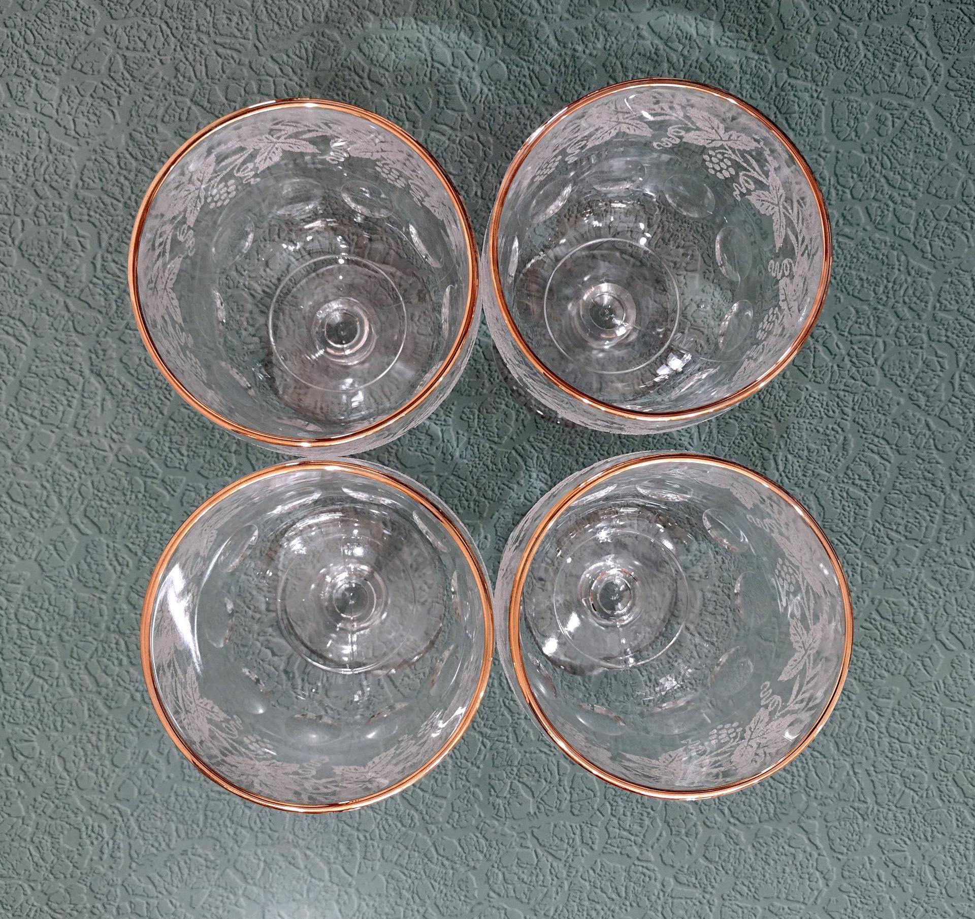 Vintage Bartlett-Collins Gold Rimmed Water Goblets Pattern 806, Thumbprint Raised Grapevine Frosted Water Glass, Set of Four