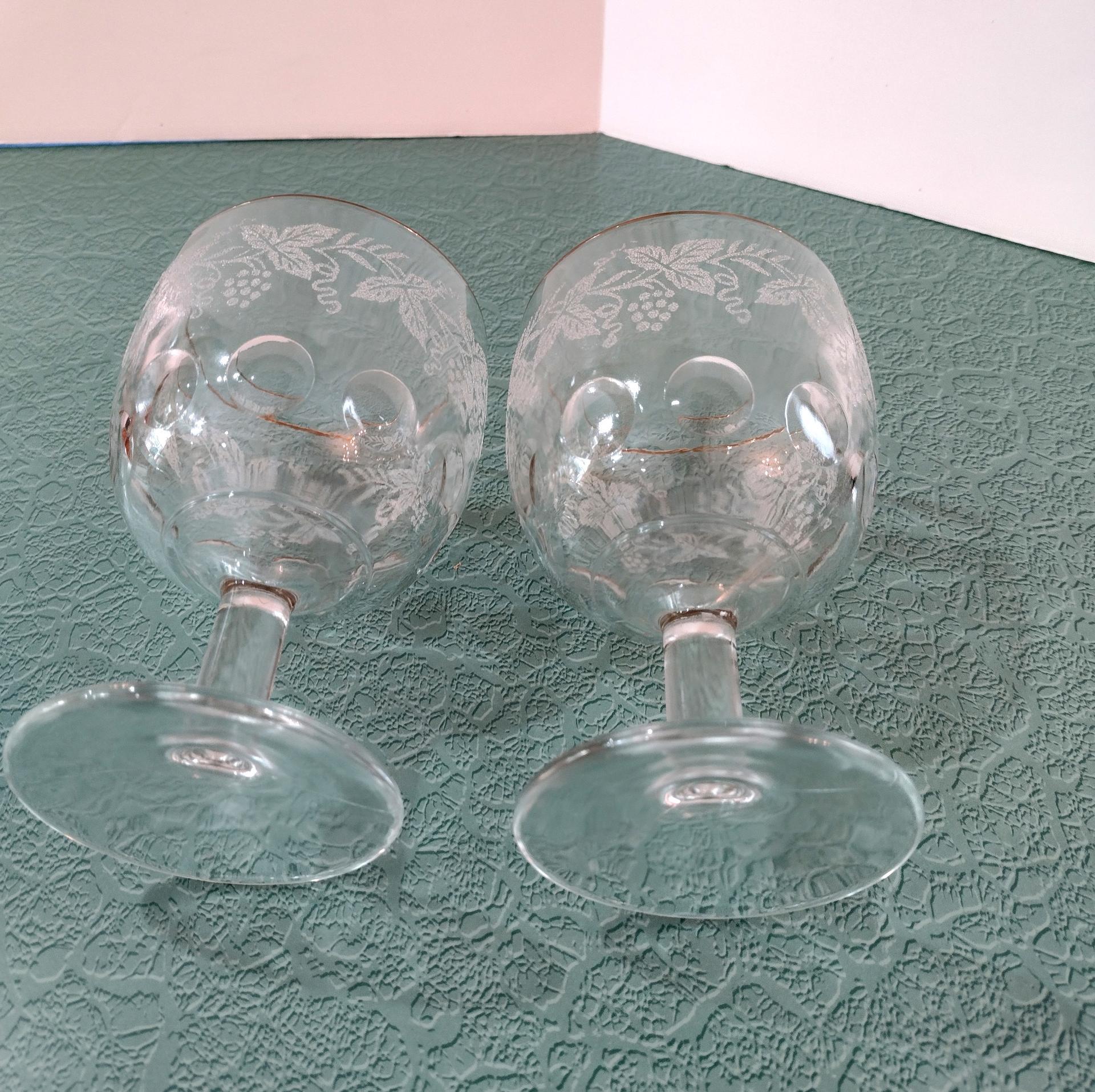 Vintage Bartlett-Collins Gold Rimmed Water Goblets Pattern 806, Thumbprint Raised Grapevine Frosted Water Glass, Set of Two