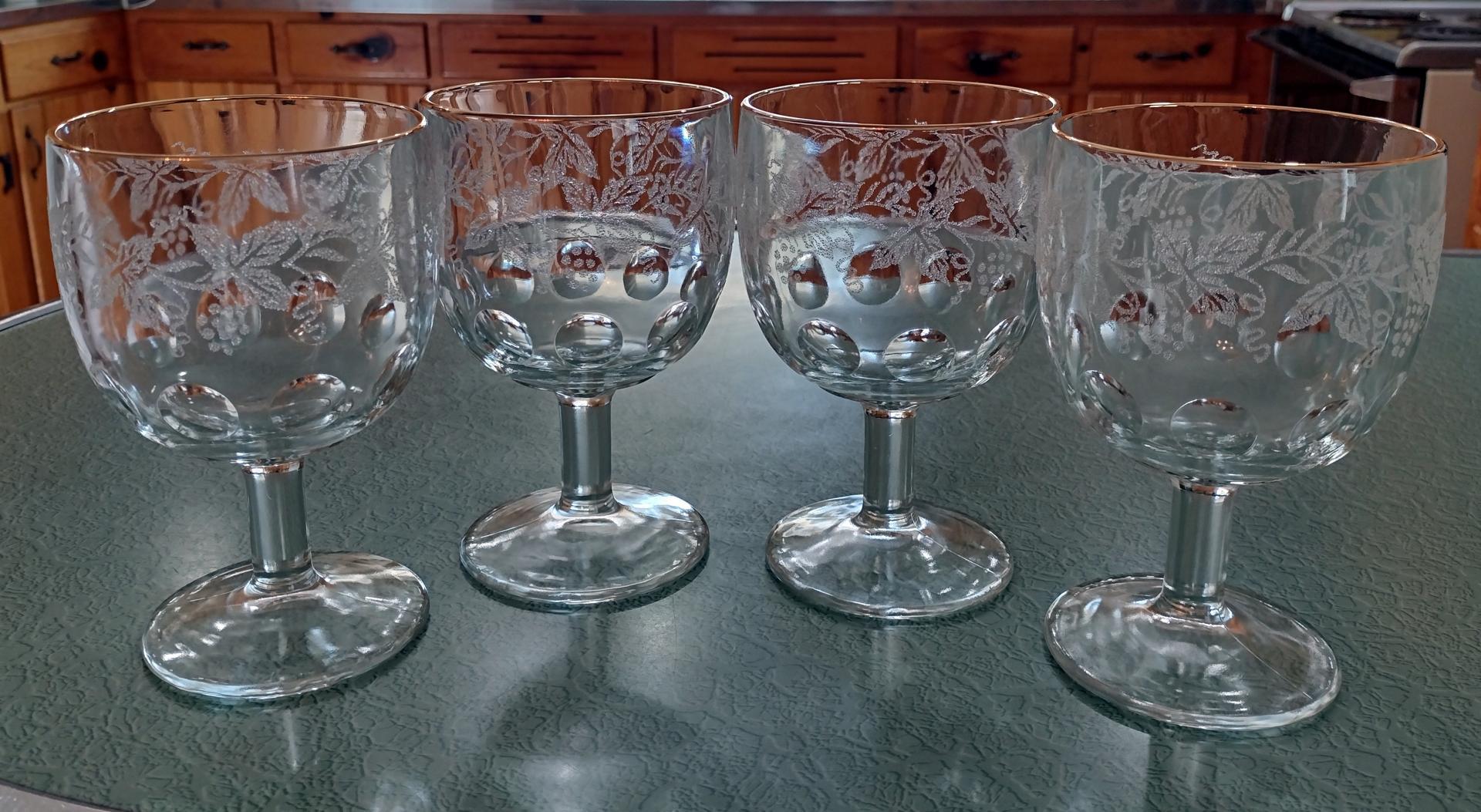 Vintage Bartlett-Collins Gold Rimmed Water Goblets Pattern 806, Thumbprint Raised Grapevine Frosted Water Glass, Set of Four