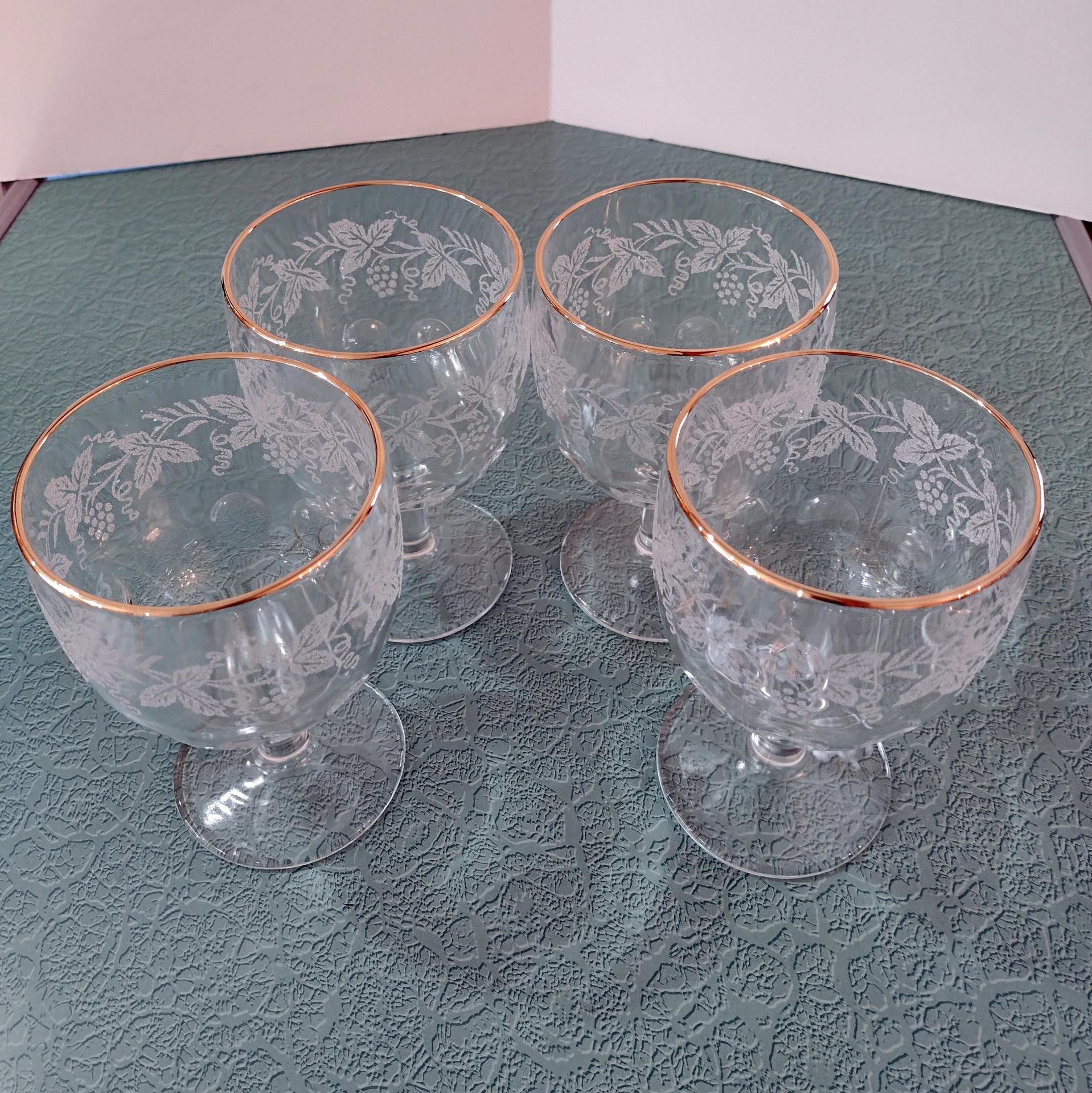 Vintage Bartlett-Collins Gold Rimmed Water Goblets Pattern 806, Thumbprint Raised Grapevine Frosted Water Glass, Set of Four