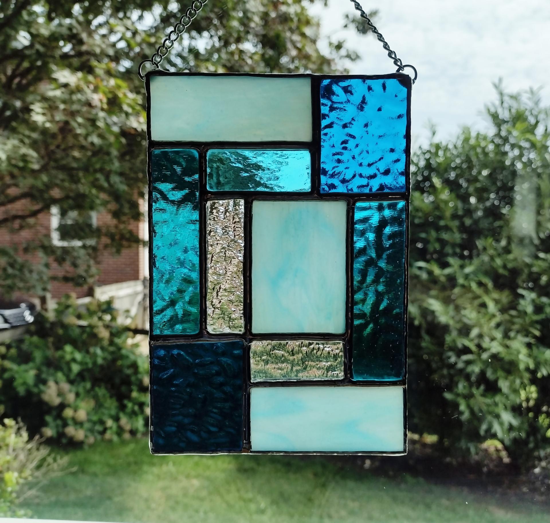 Aqua and Turquoise Blue Geometric Stained Glass Window Panel, Mondrian Stained Glass Suncatcher