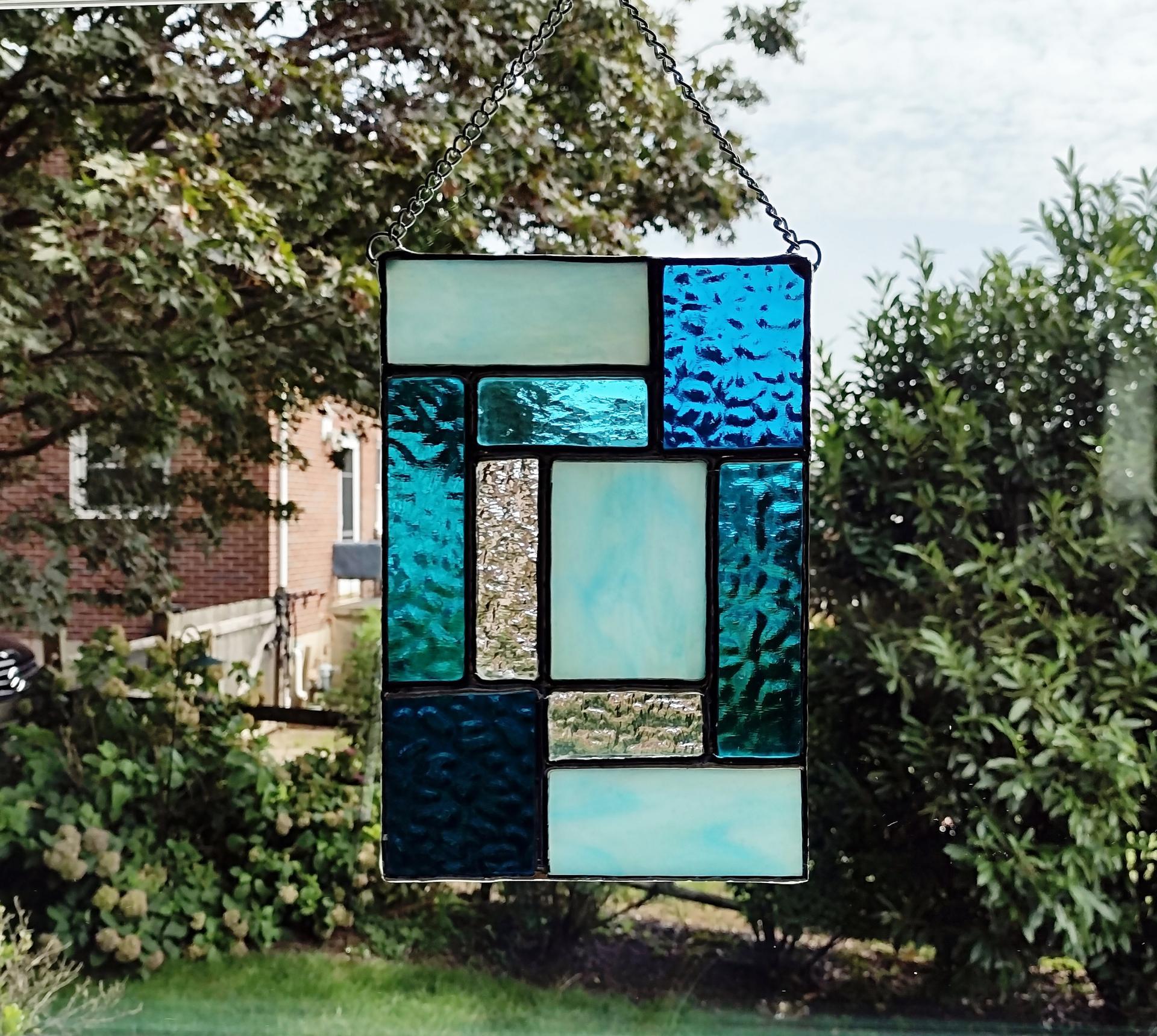 Aqua and Turquoise Blue Geometric Stained Glass Window Panel, Mondrian Stained Glass Suncatcher