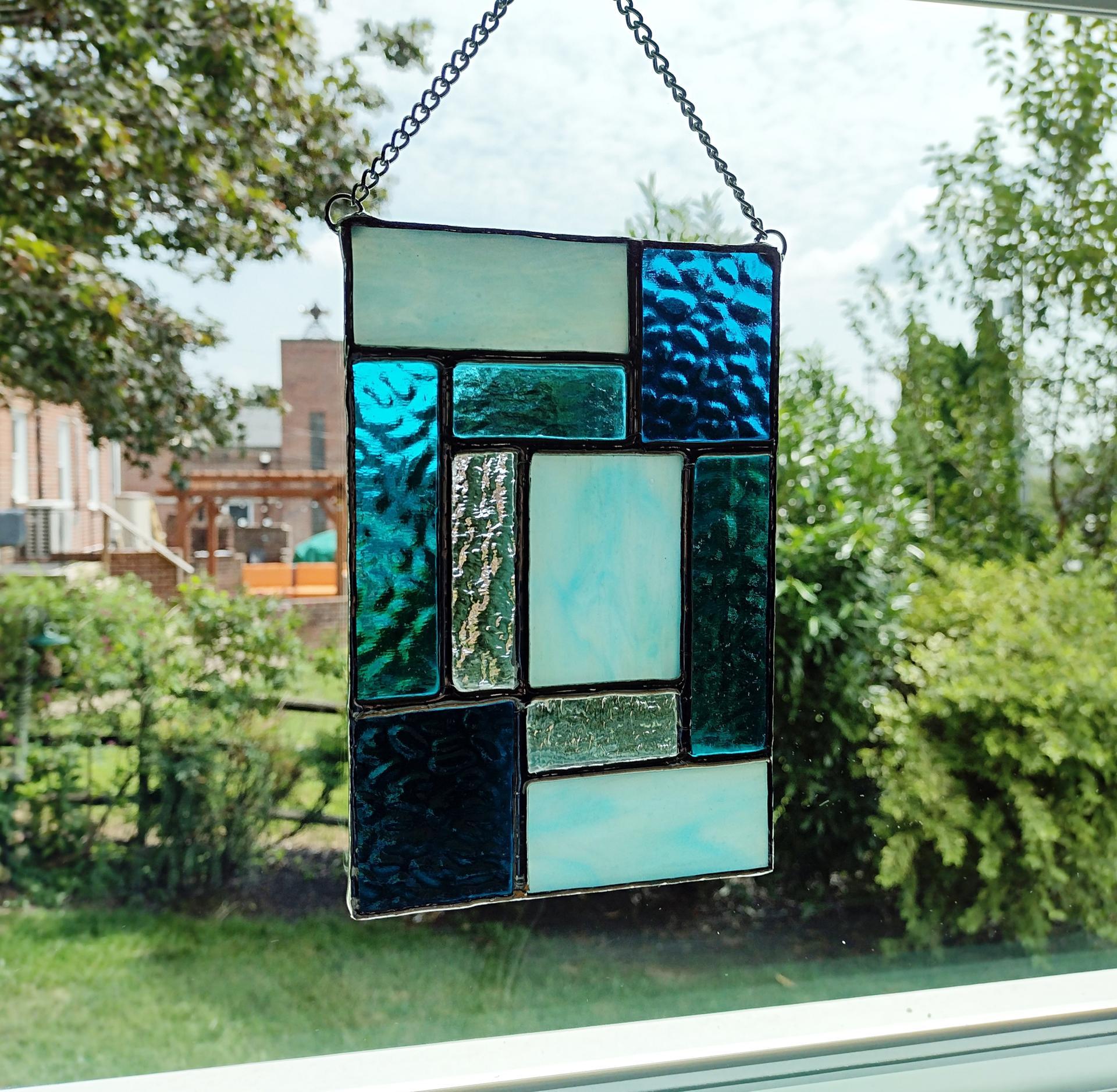 Aqua and Turquoise Blue Geometric Stained Glass Window Panel, Mondrian Stained Glass Suncatcher