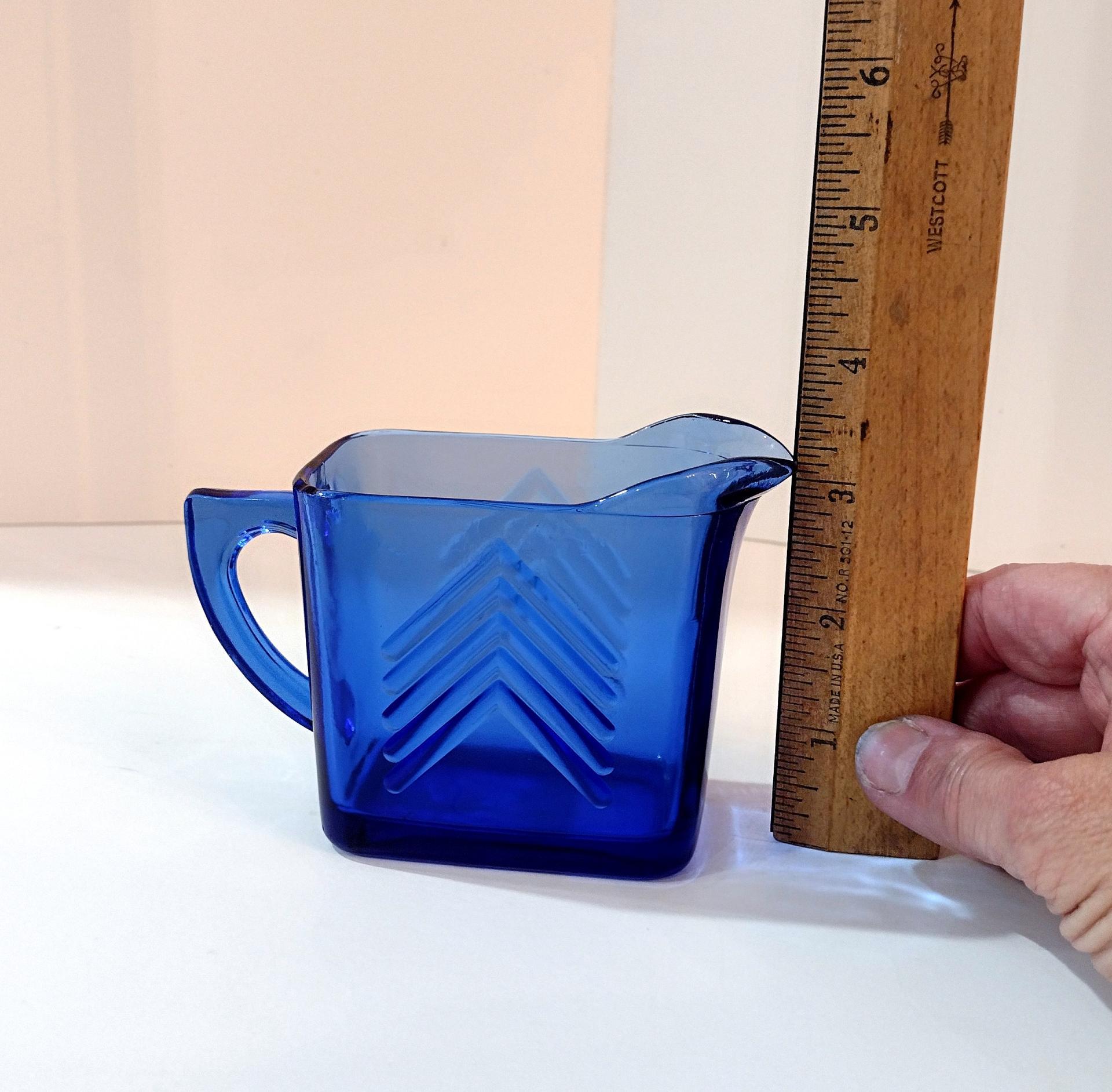 Vintage Hazel Atlas Blue Chevron Pressed Glass Creamer, Vintage Art Deco Milk Pitcher