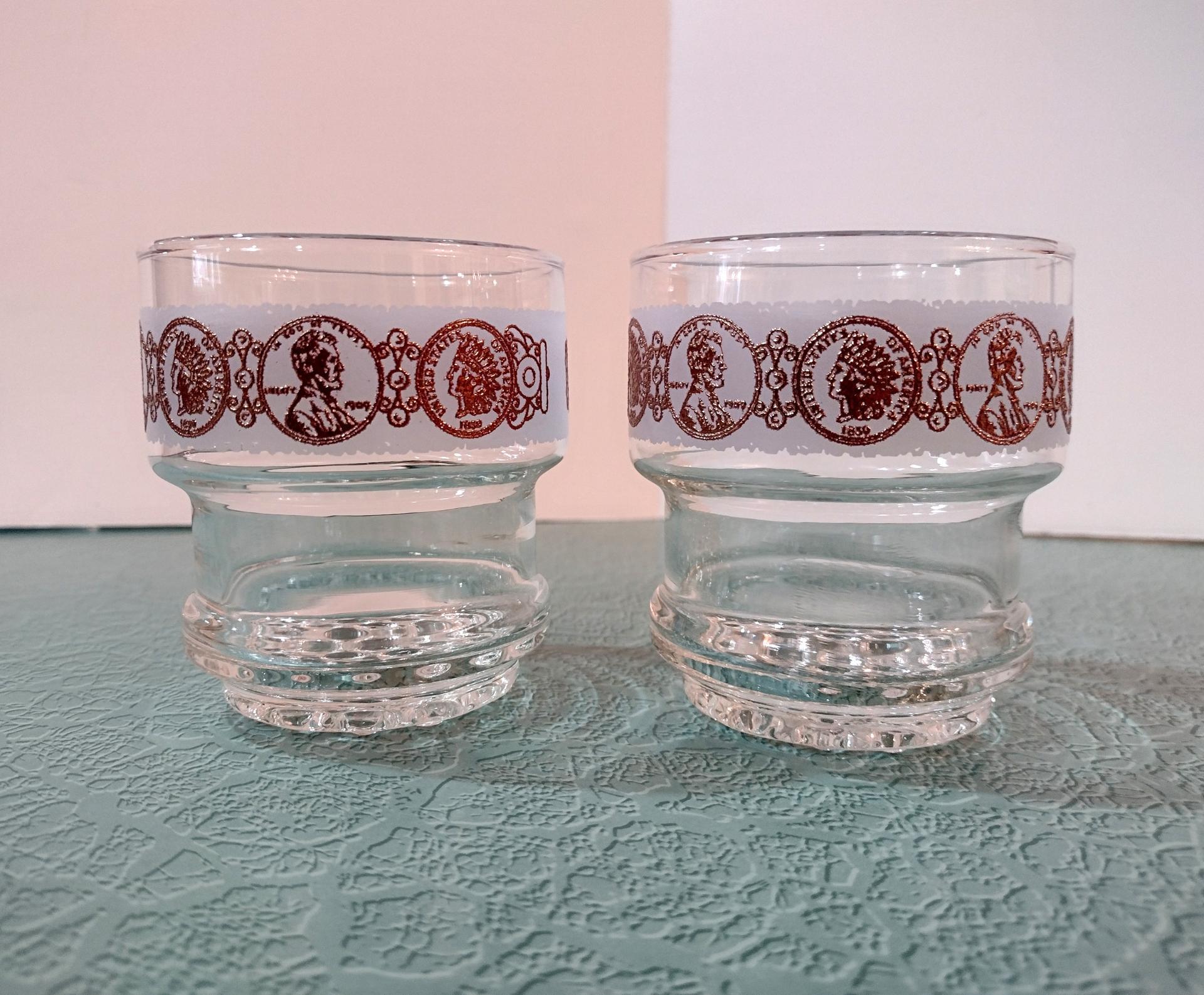 Vintage Indian Head Penny Low Ball Rocks Glasses, Set of Two, Vintage Whiskey Glasses