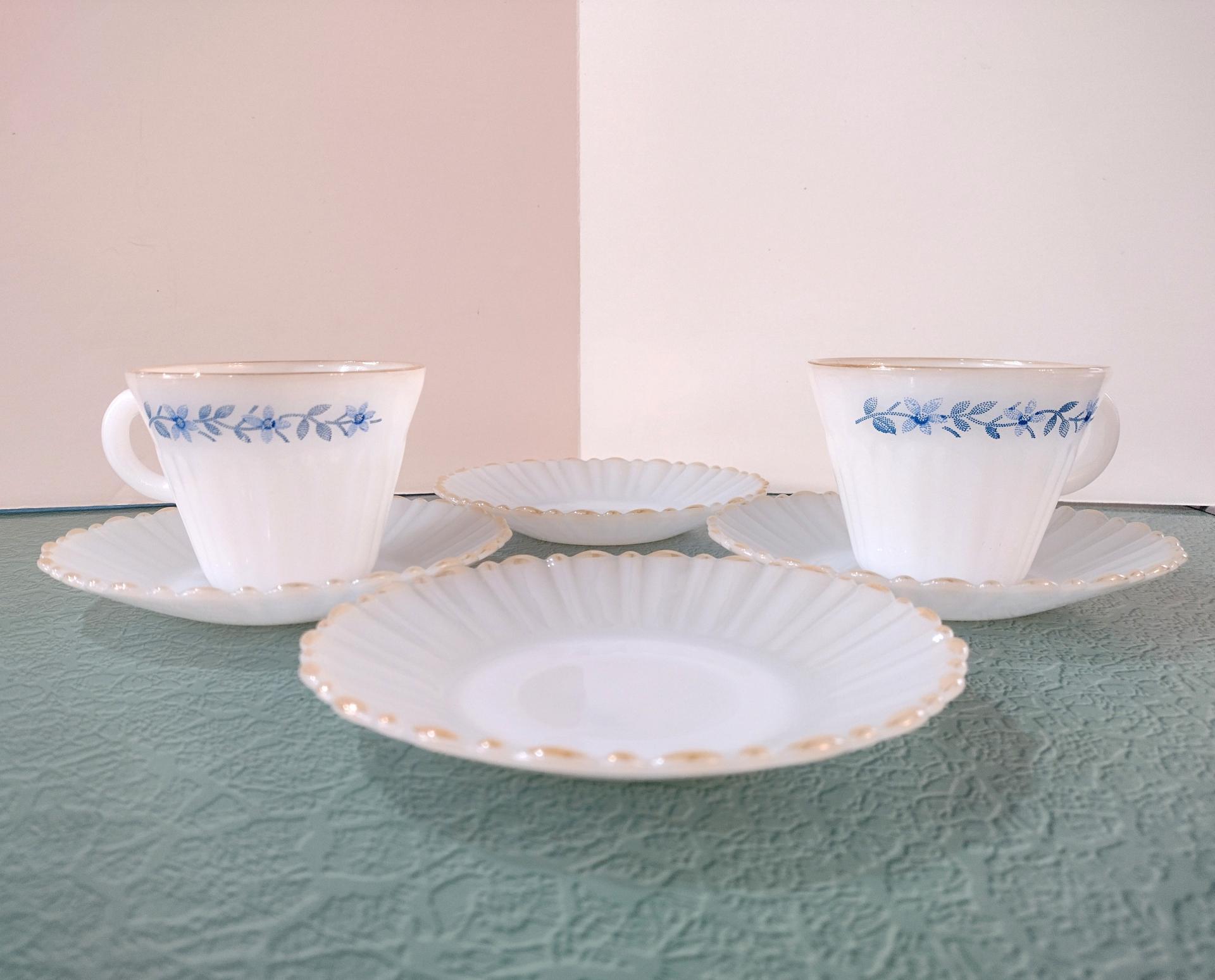 Vintage Termocrisa Blue Dot Floral Tea / Coffee Cups and Saucers