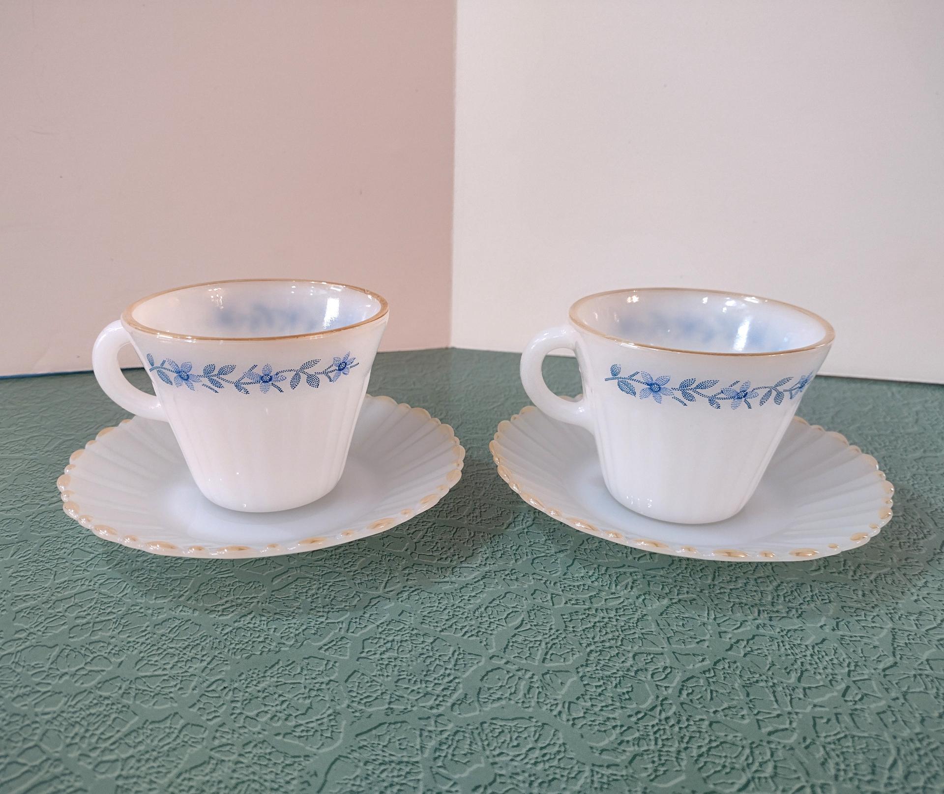 Vintage Termocrisa Blue Dot Floral Tea / Coffee Cups and Saucers