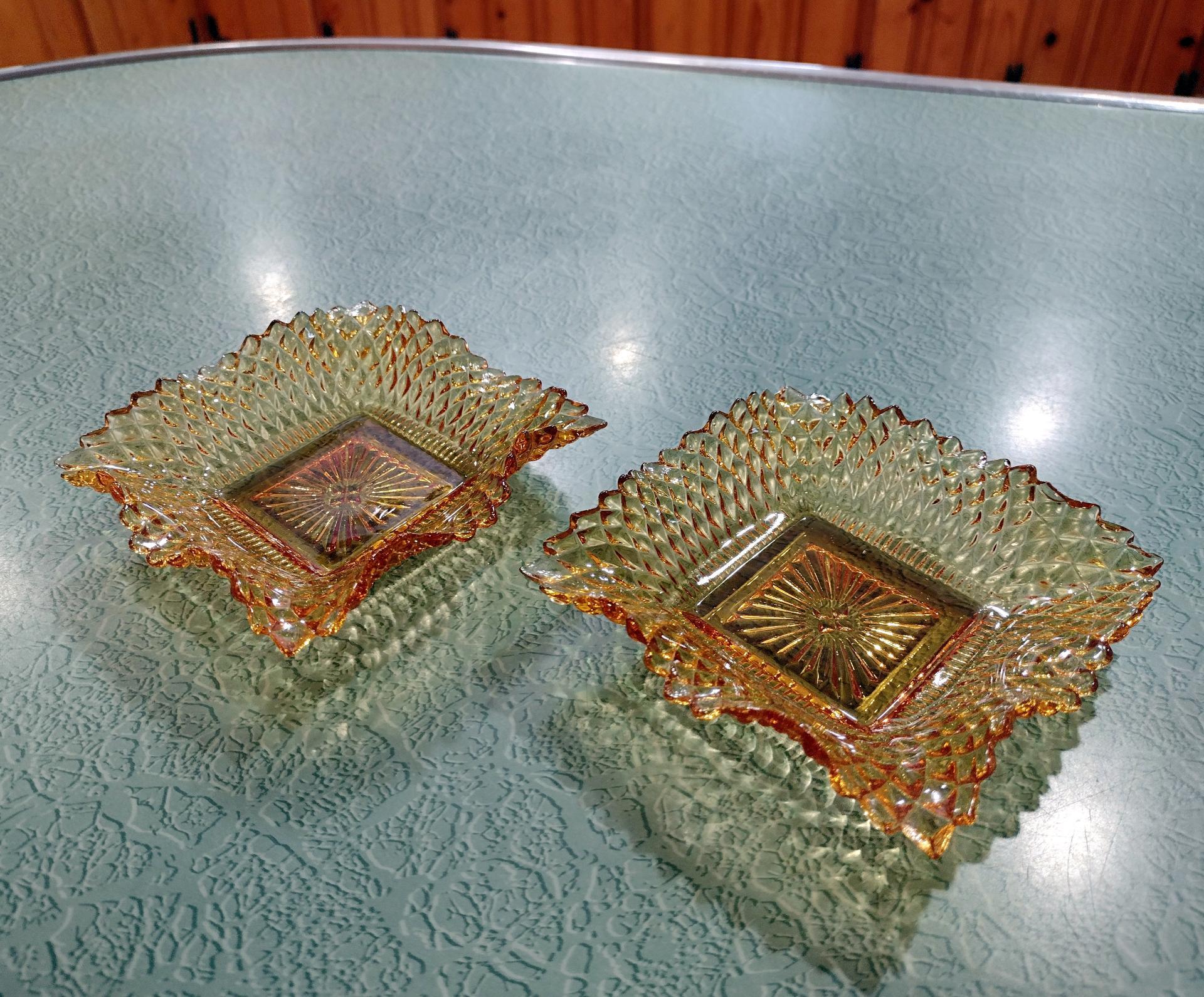 Vintage Indiana Glass Amber Diamond Point Ruffled Square Trinket Dishes, Set of Two